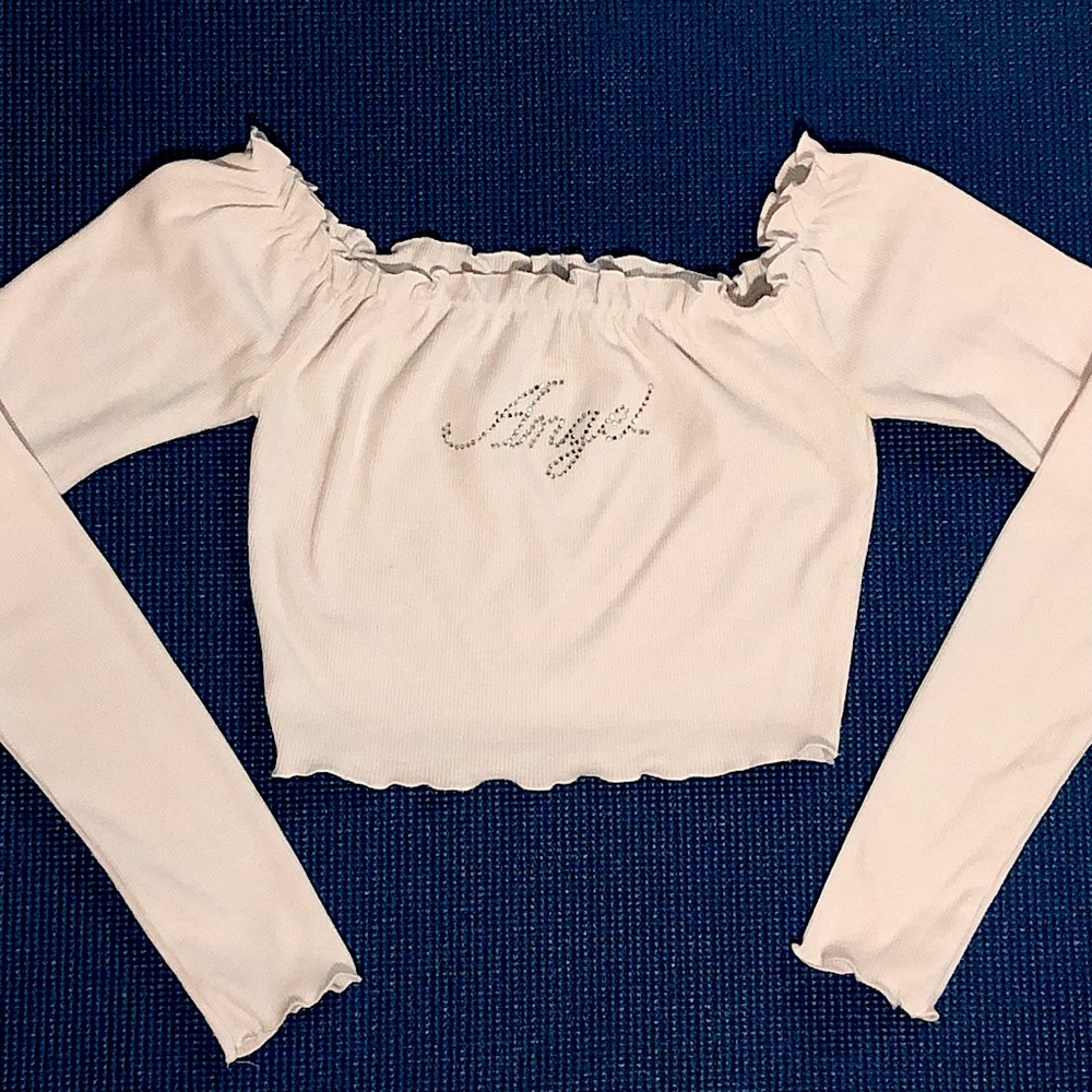 Y2K White Lettuce Hem Bedazzled Angel Crop Top